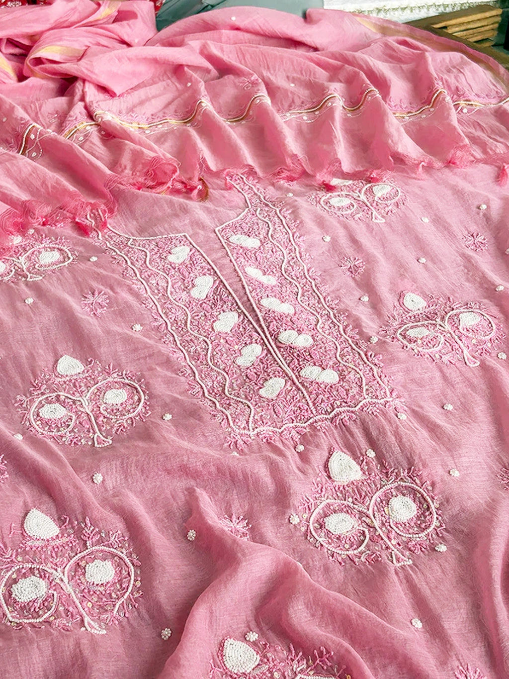 Pink Adah Mul Chanderi Chikankari Un-stitched Kurti Piece with Dupatta