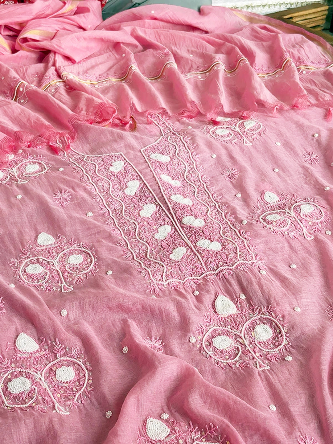 Pink Adah Mul Chanderi Chikankari Un-stitched Kurti Piece with Dupatta
