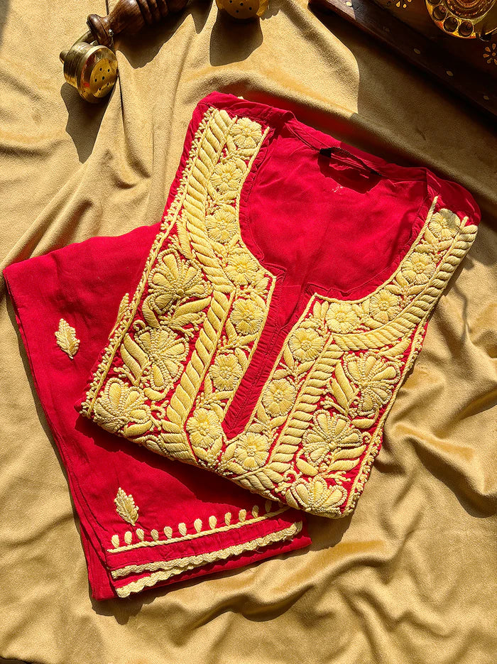 Adda Modal Chikankari Kurta Set - Red