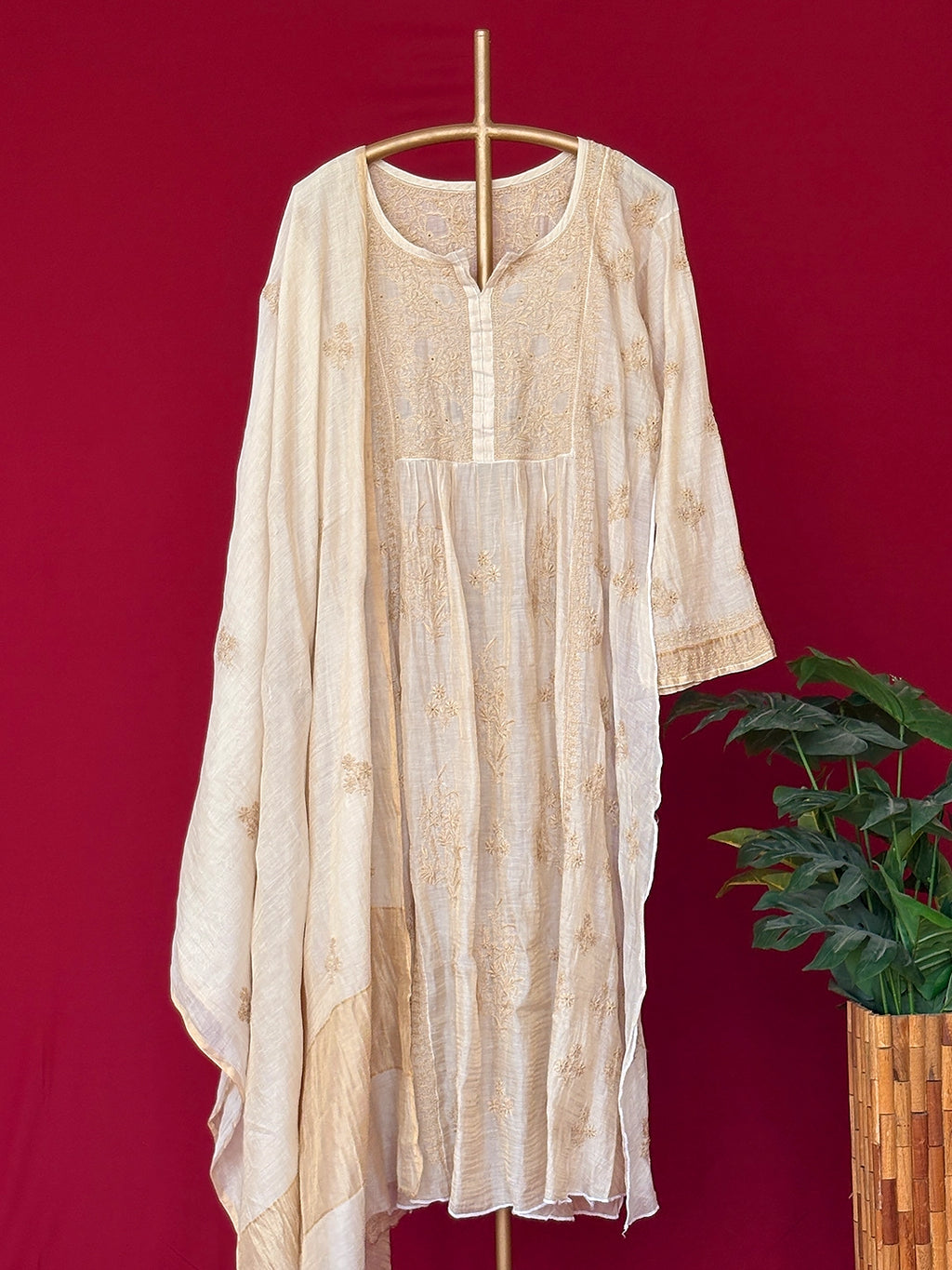 Alana Tissue Silk Chikankari Kurti Piece with Dupatta - Beige