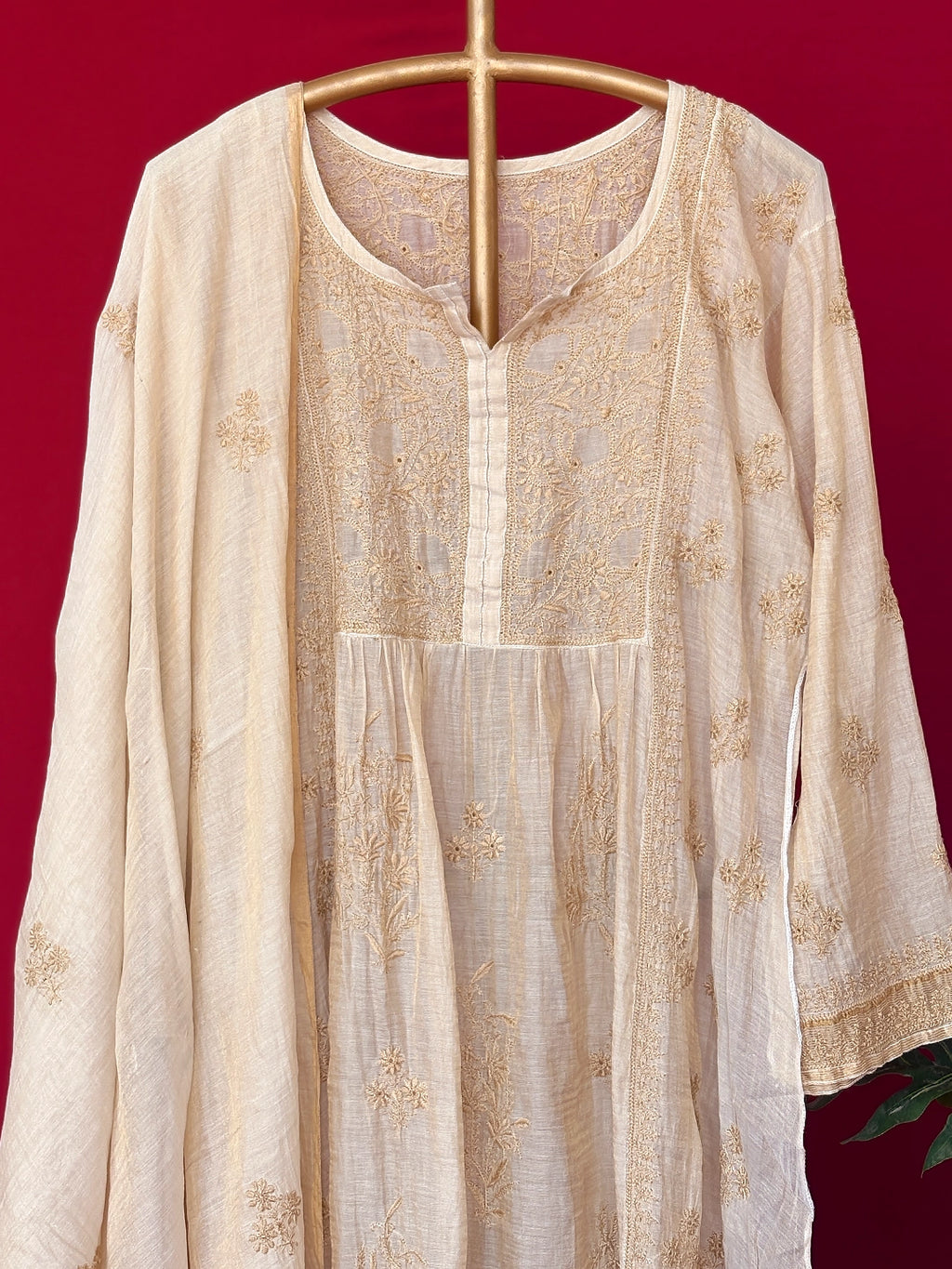 Alana Tissue Silk Chikankari Kurti Piece with Dupatta - Beige