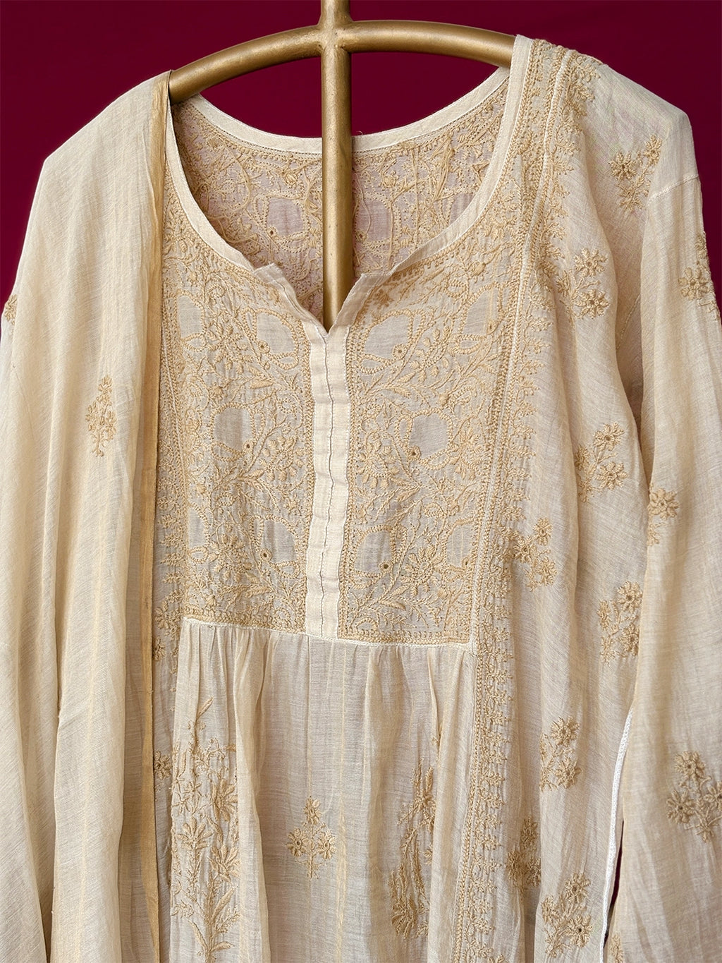 Alana Tissue Silk Chikankari Kurti Piece with Dupatta - Beige