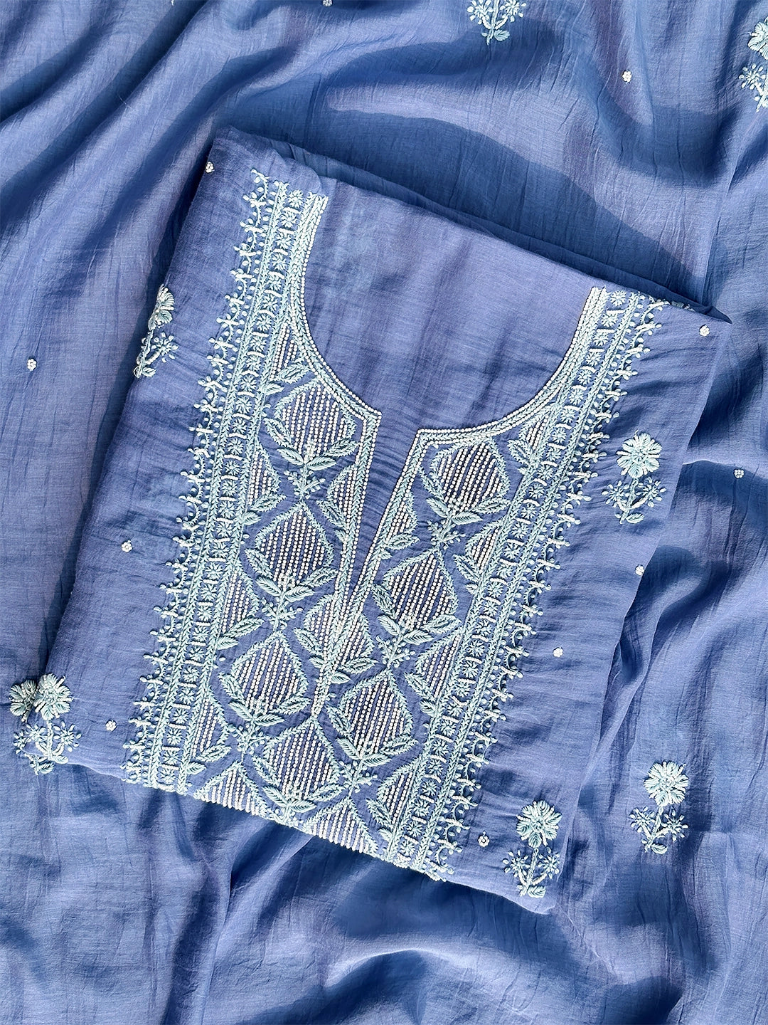 Ameera Mul Chanderi Chikankari Kurti Piece with Dupatta - Blue