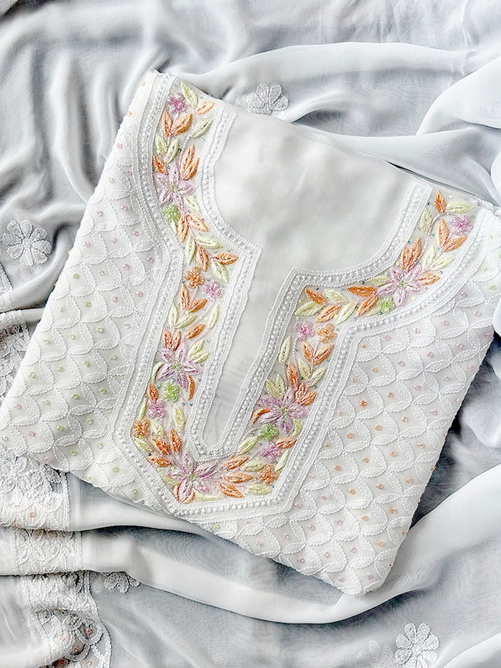 White Anaisha Viscose Chikankari Un-stitched Kurti Piece with Dupatta