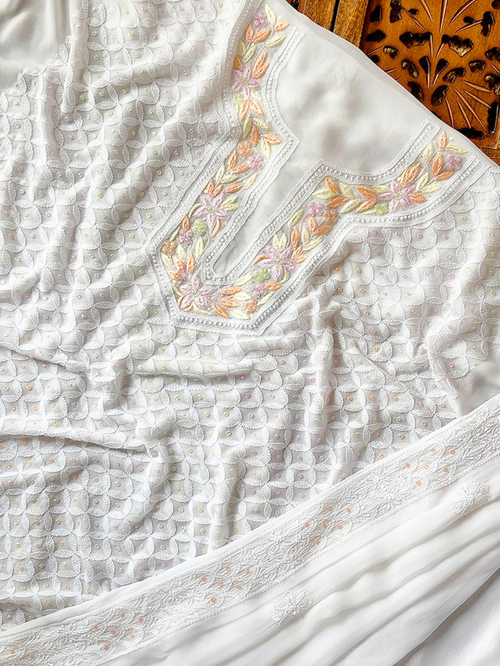 White Anaisha Viscose Chikankari Un-stitched Kurti Piece with Dupatta