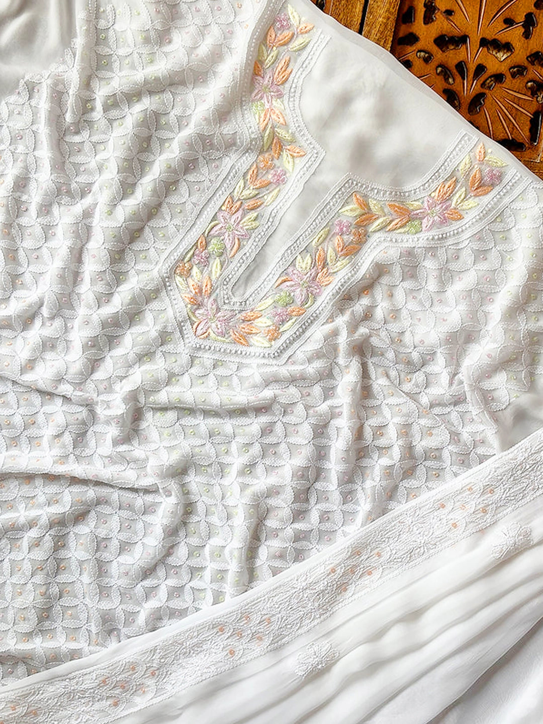 White Anaisha Viscose Chikankari Un-stitched Kurti Piece with Dupatta