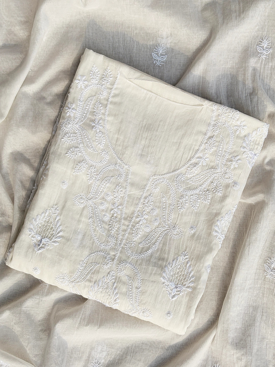 Anara Mul Chanderi Chikankari Kurti Piece with Dupatta - White