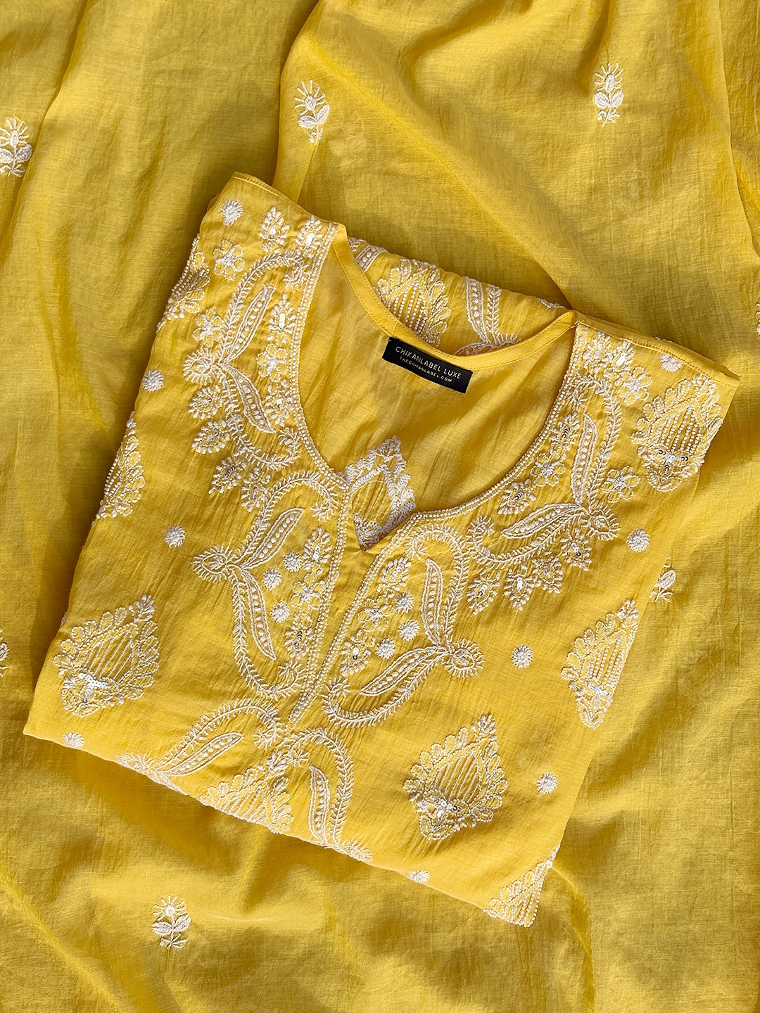 Anara Mul Chanderi Chikankari Kurti Piece with Dupatta - Yellow
