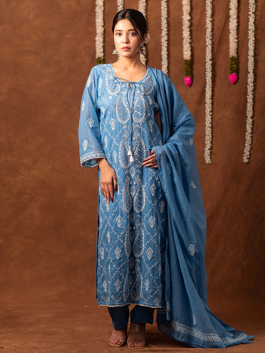 Blue Arzoo Mul Chanderi Chikankari Kurta Set