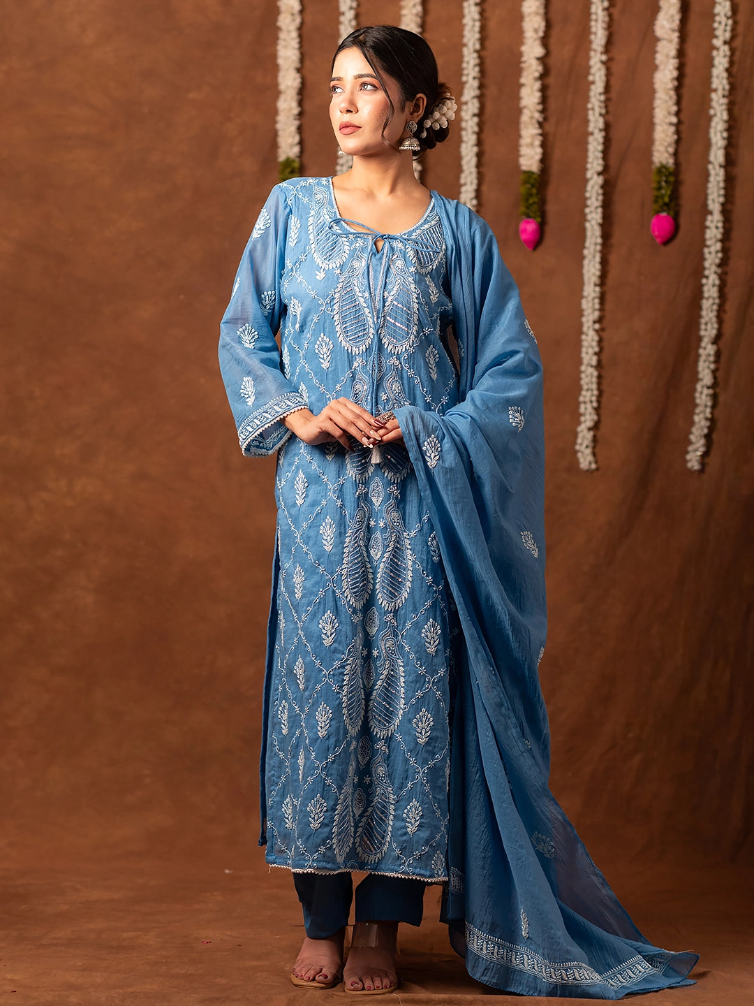 Blue Arzoo Mul Chanderi Chikankari Kurta Set