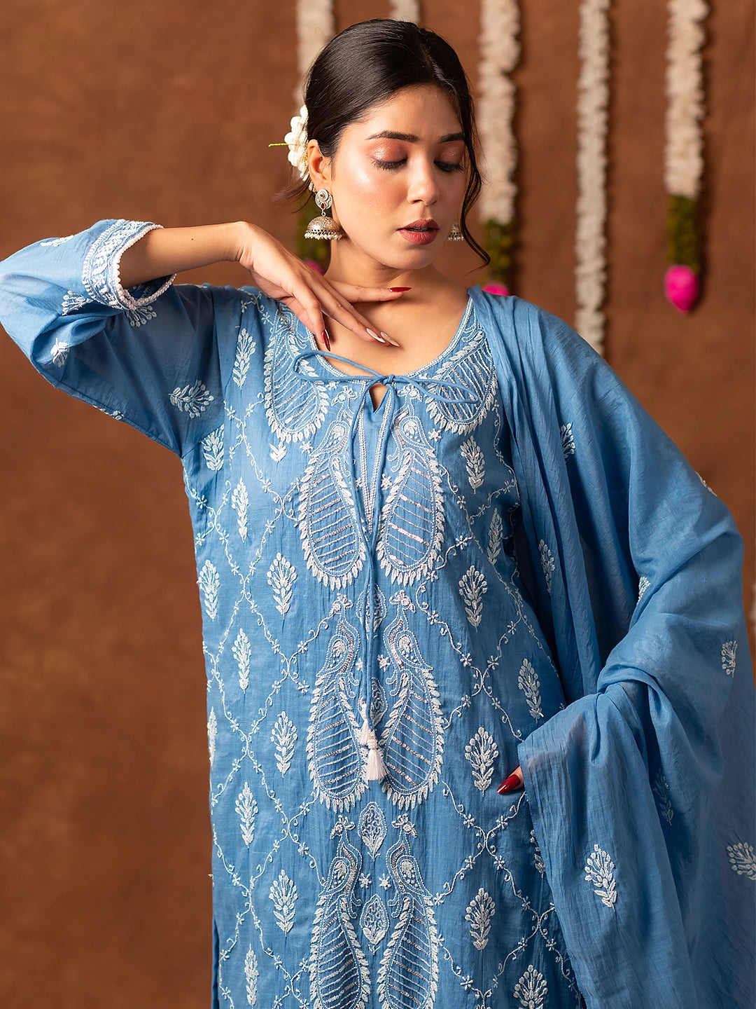 Blue Arzoo Mul Chanderi Chikankari Kurta Set