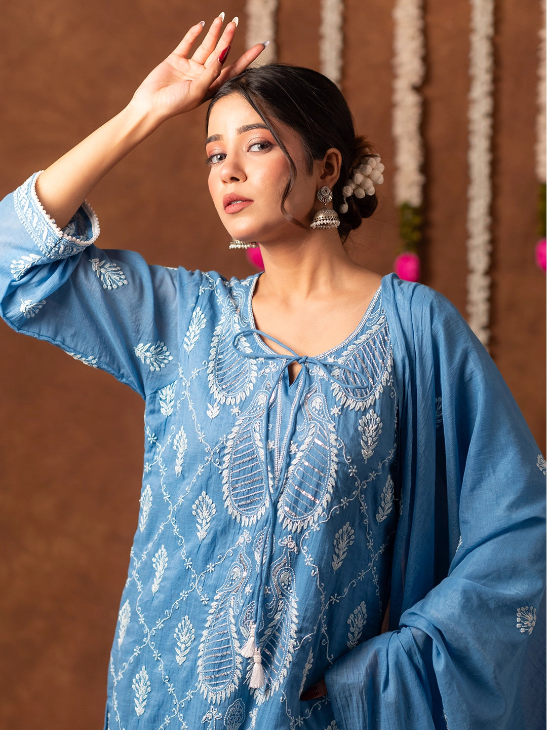 Blue Arzoo Mul Chanderi Chikankari Kurta Set