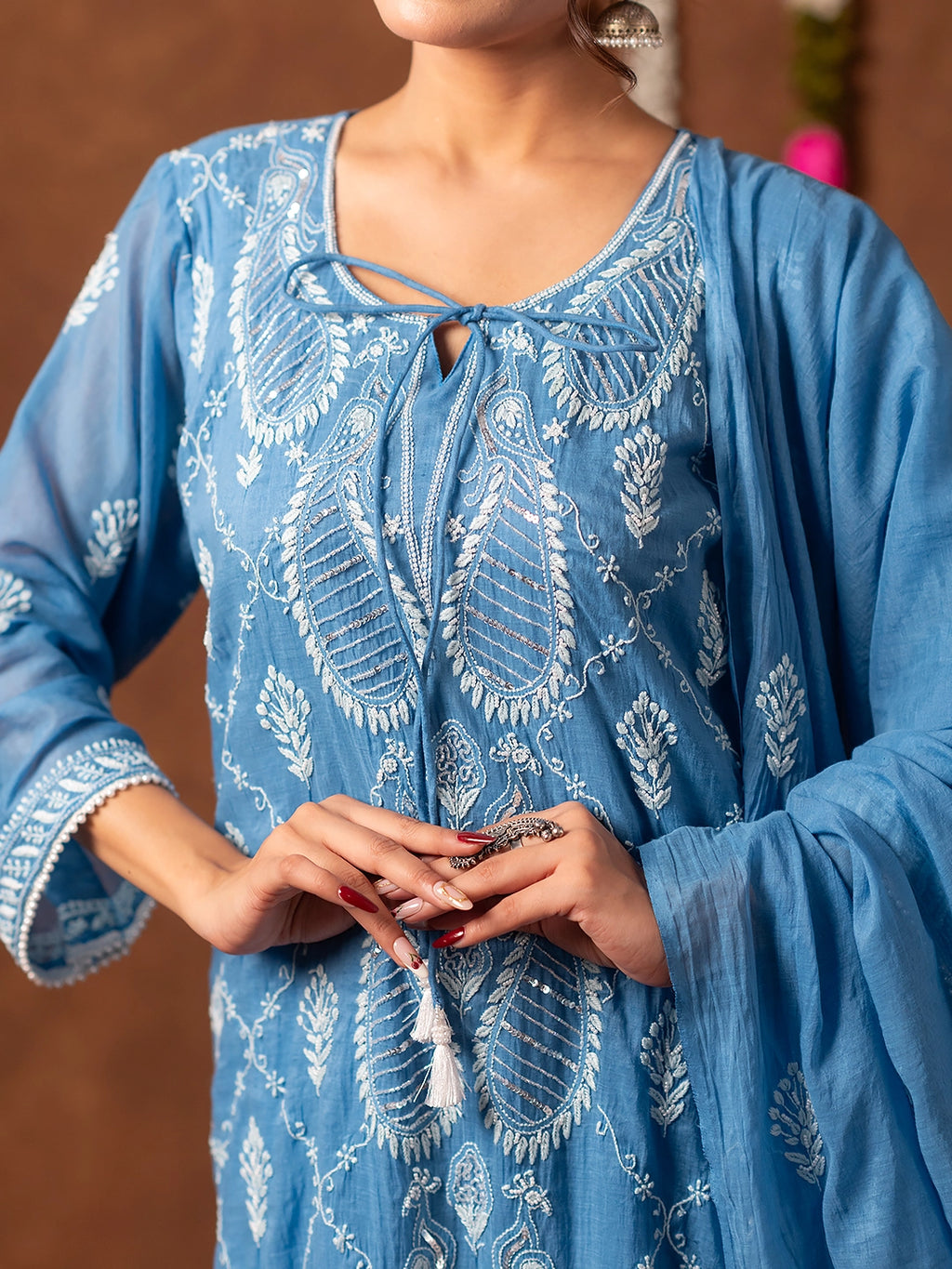 Blue Arzoo Mul Chanderi Chikankari Kurta Set