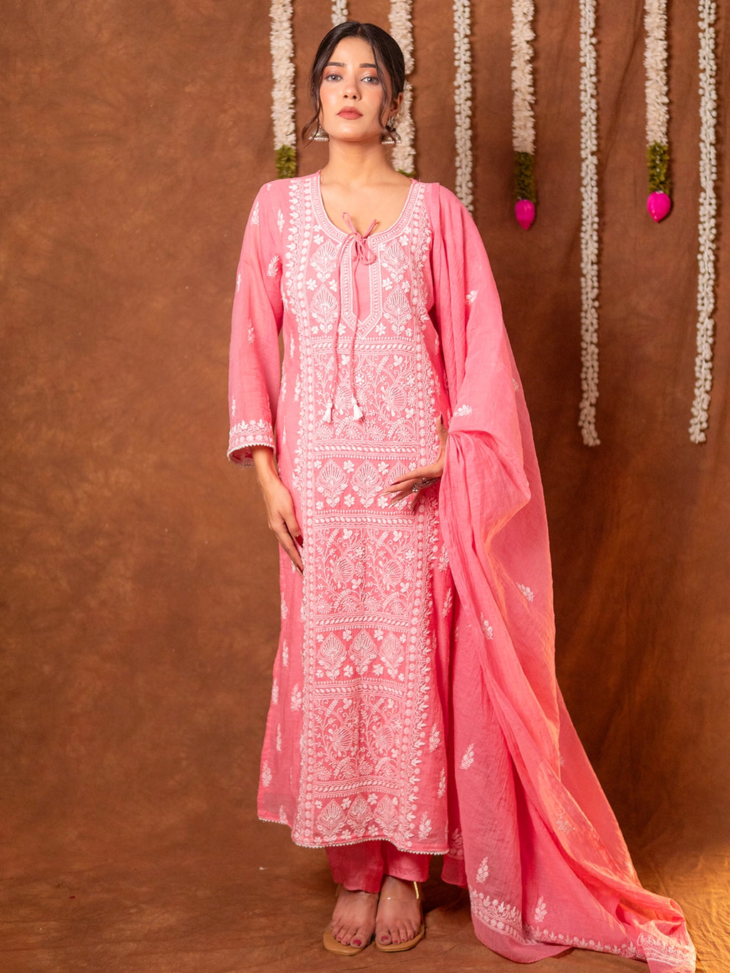 Peach Arzoo Mul Chanderi Chikankari Kurta Set
