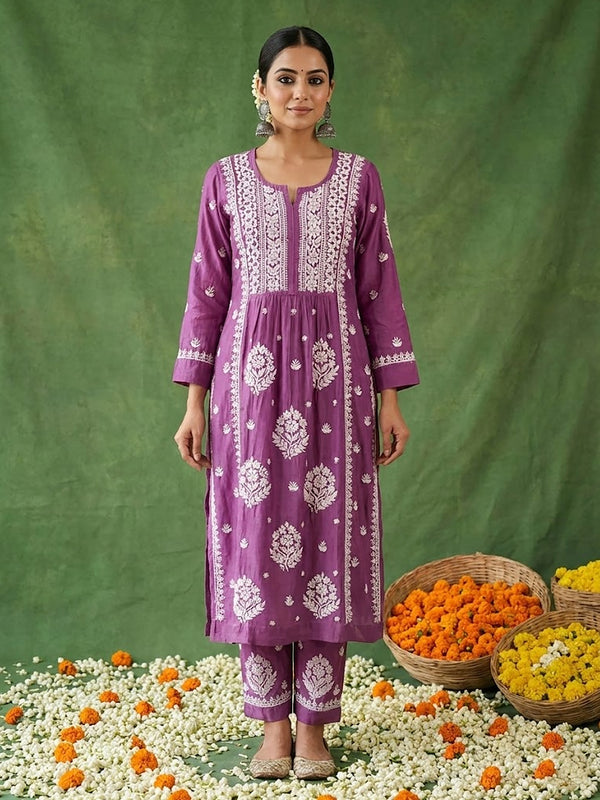 Avnita Chanderi Chikankari Kurta Set - Purple