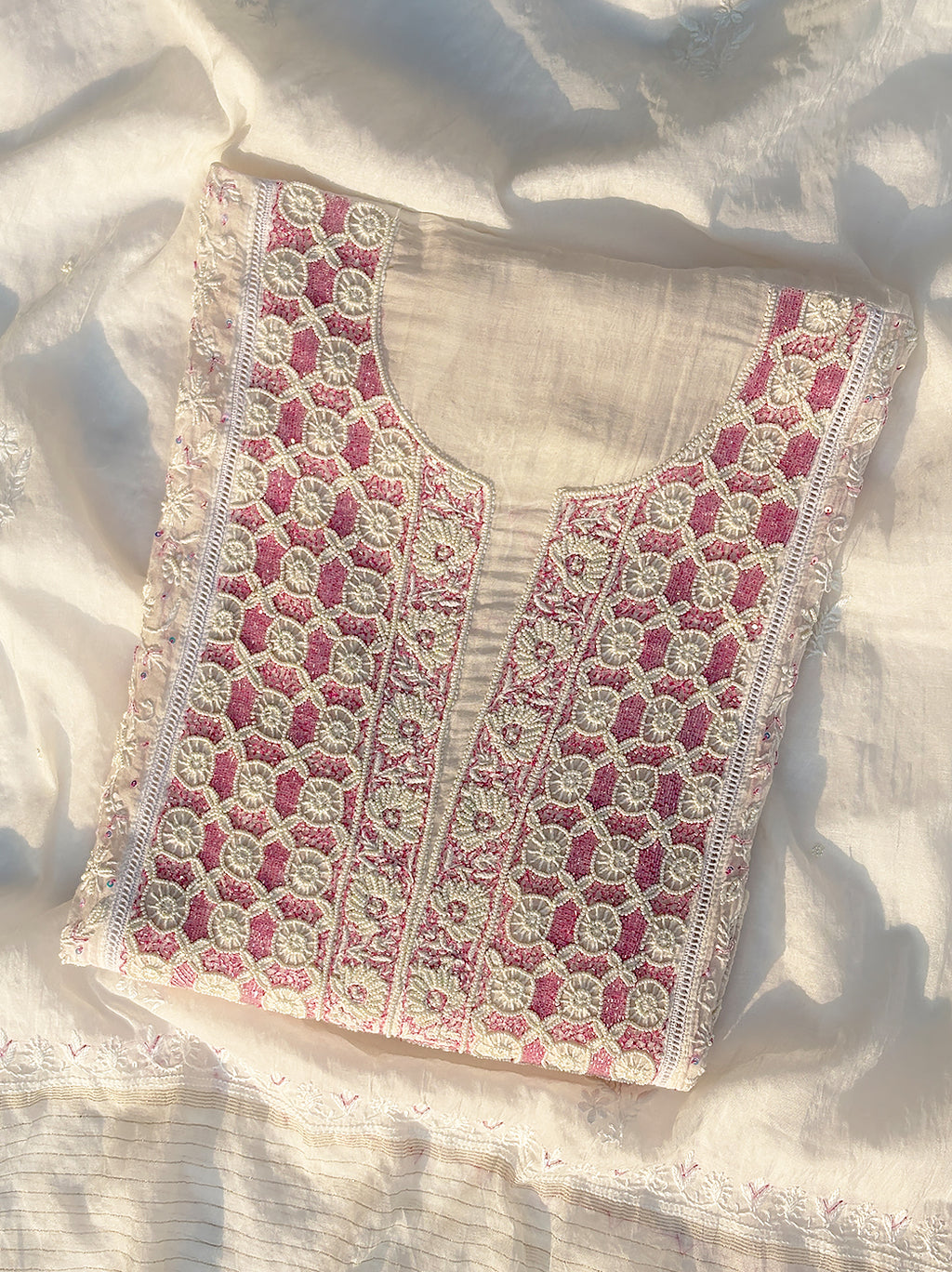 Ayra Mul Chanderi Unstitched Kurti Piece with Dupatta - Pink