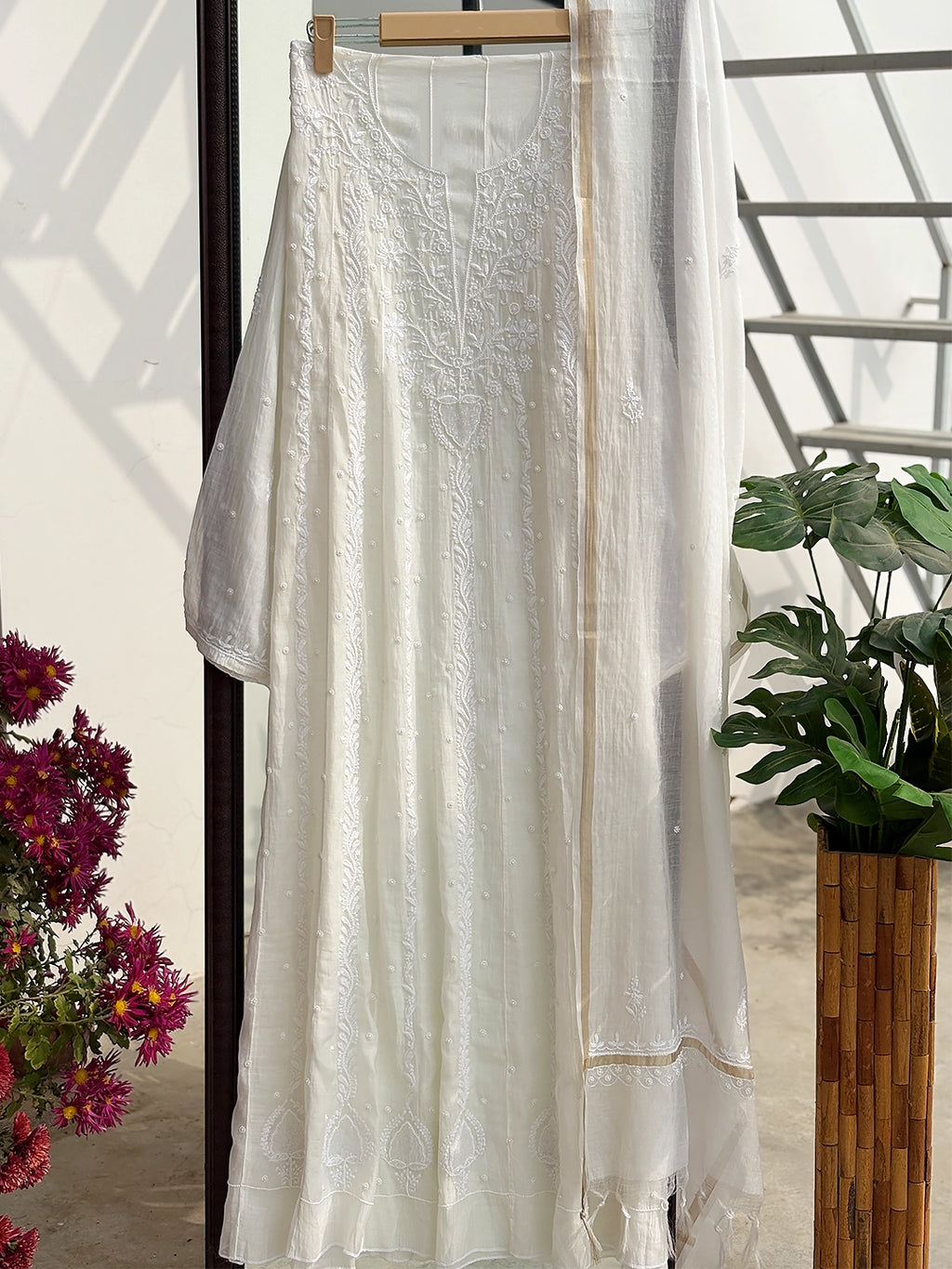 Baani Mul Chanderi Chikankari Kurti Piece with Dupatta - Grey
