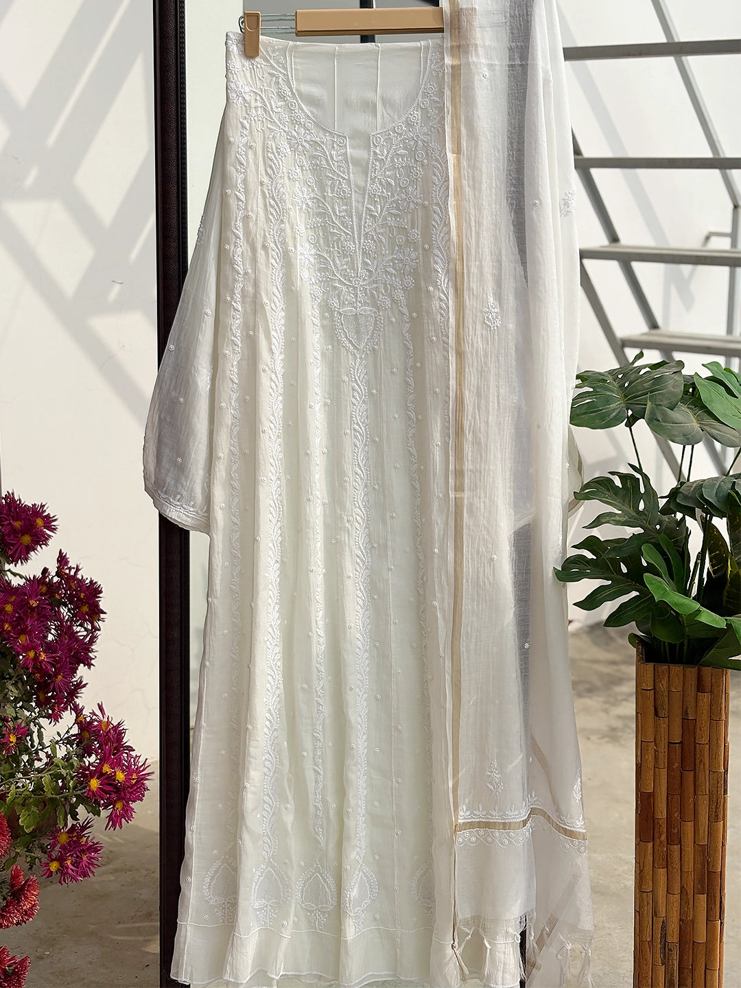 Baani Mul Chanderi Chikankari Kurti Piece with Dupatta - Grey