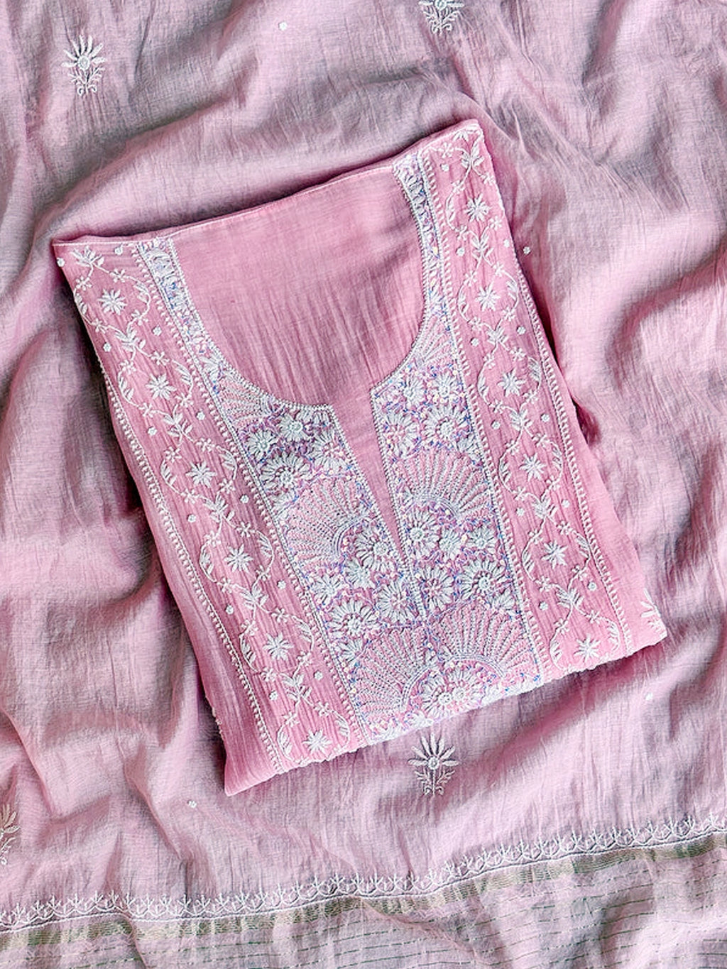Baby Pink Mul Chanderi Chikankari Un-stitched Kurti Piece with Dupatta