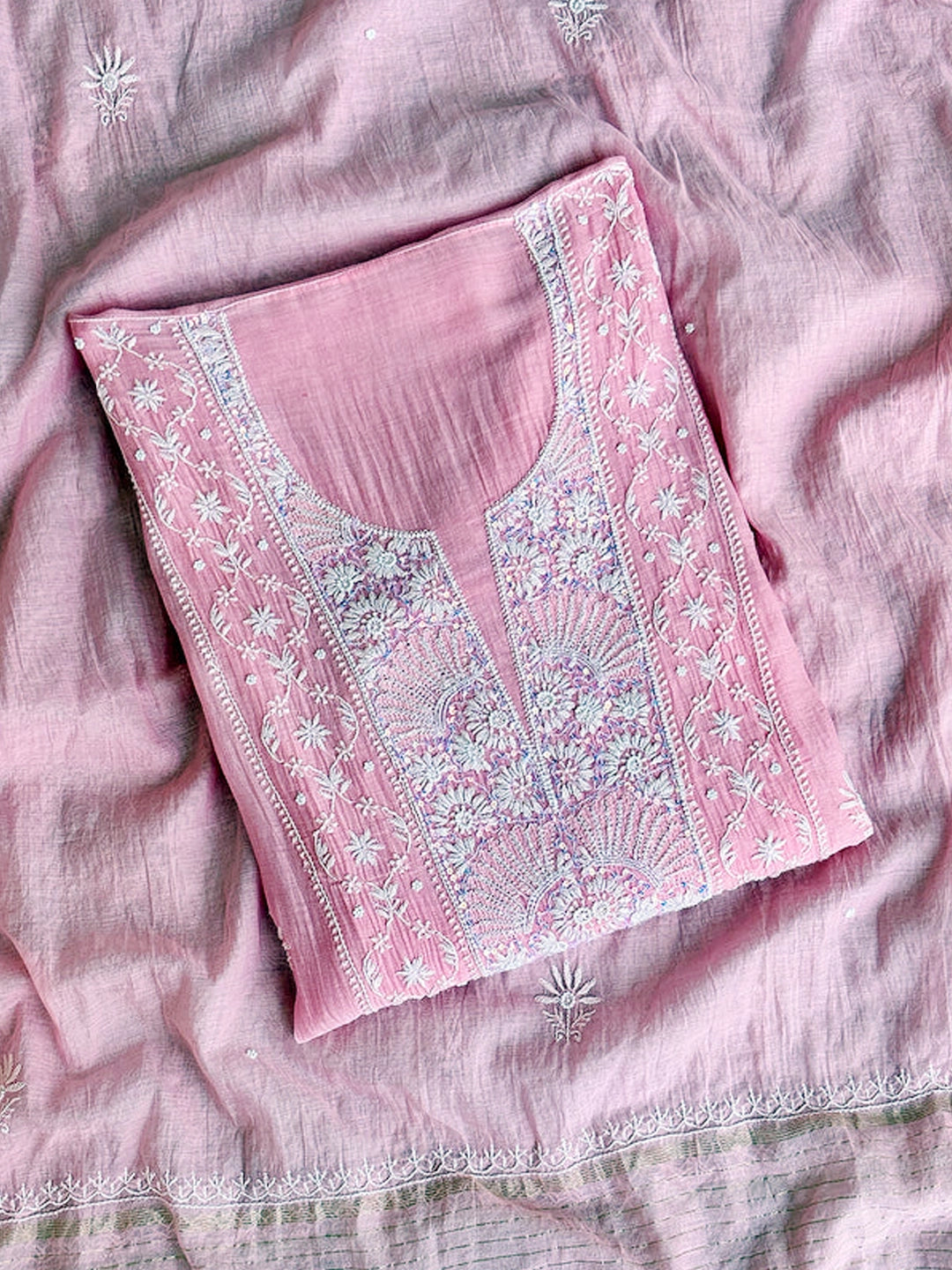 Baby Pink Mul Chanderi Chikankari Un-stitched Kurti Piece with Dupatta