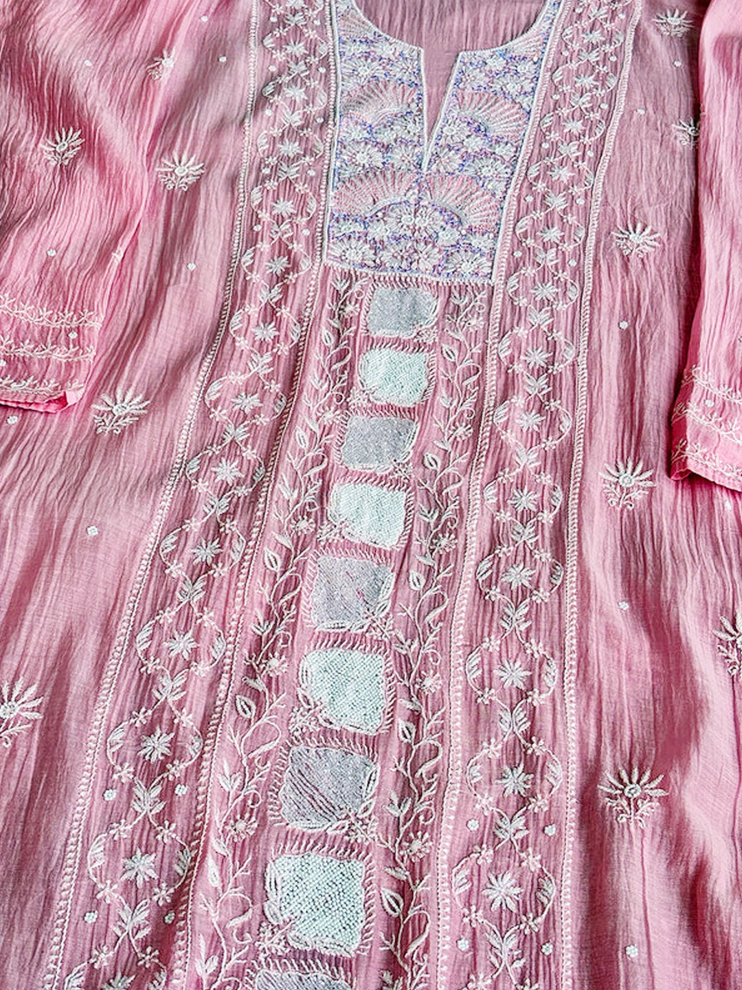 Baby Pink Mul Chanderi Chikankari Un-stitched Kurti Piece with Dupatta