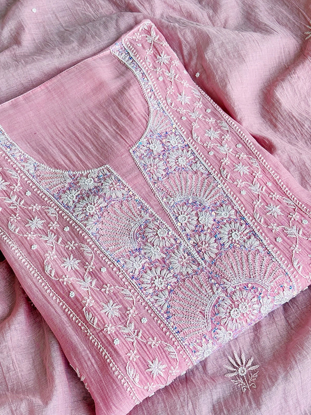Baby Pink Mul Chanderi Chikankari Un-stitched Kurti Piece with Dupatta