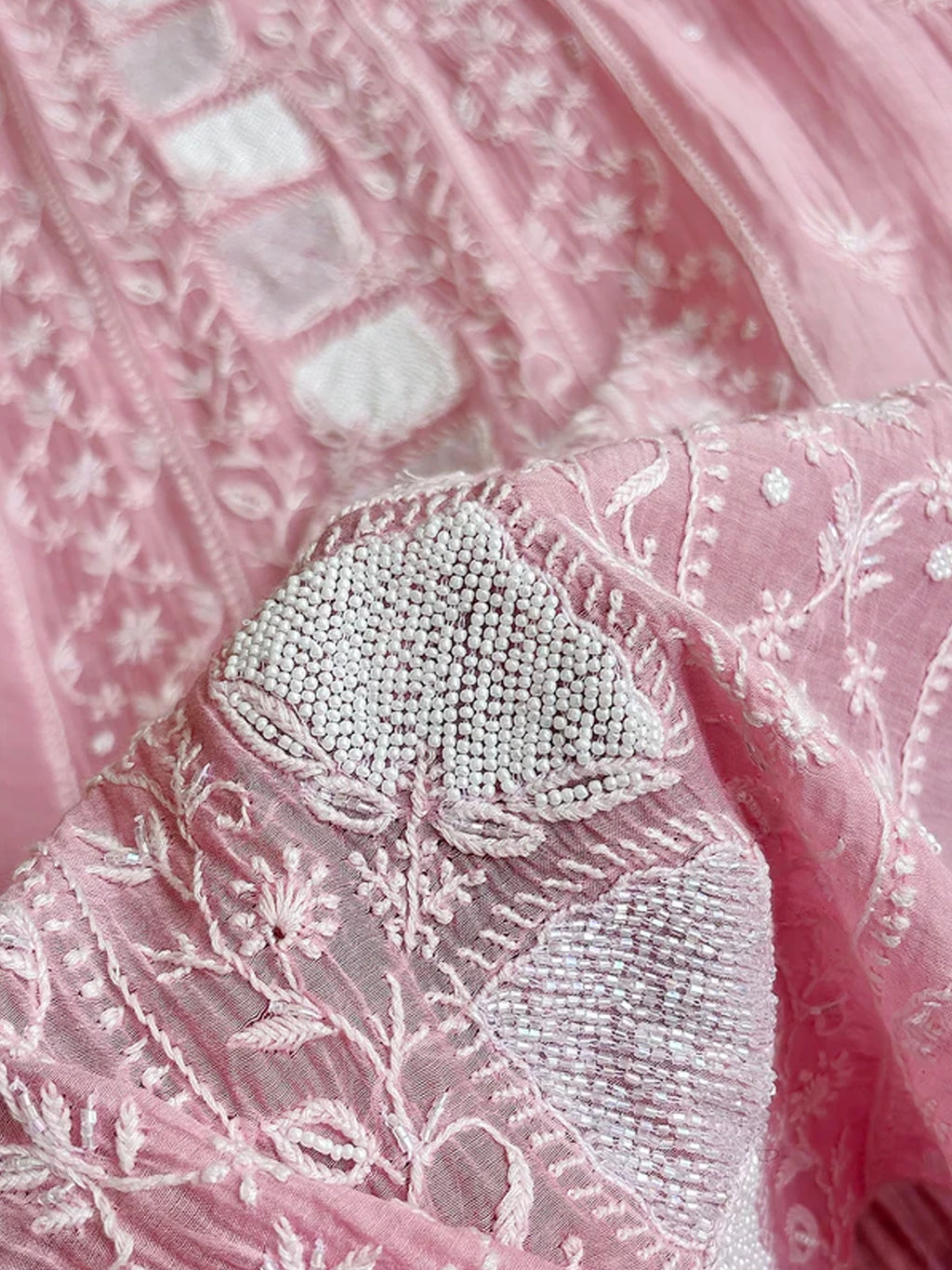 Baby Pink Mul Chanderi Chikankari Un-stitched Kurti Piece with Dupatta