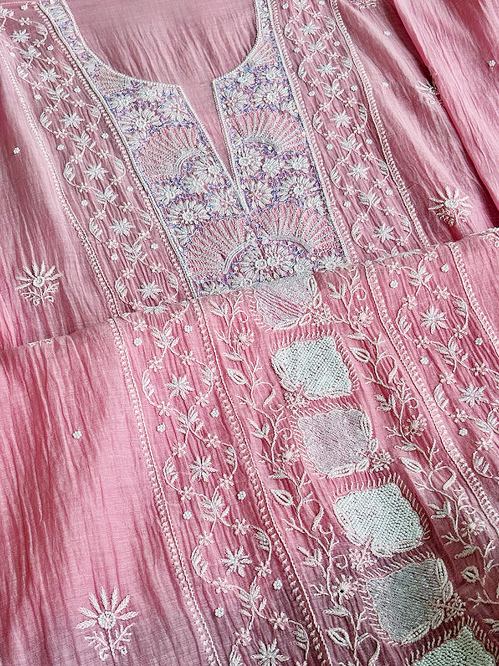 Baby Pink Mul Chanderi Chikankari Un-stitched Kurti Piece with Dupatta