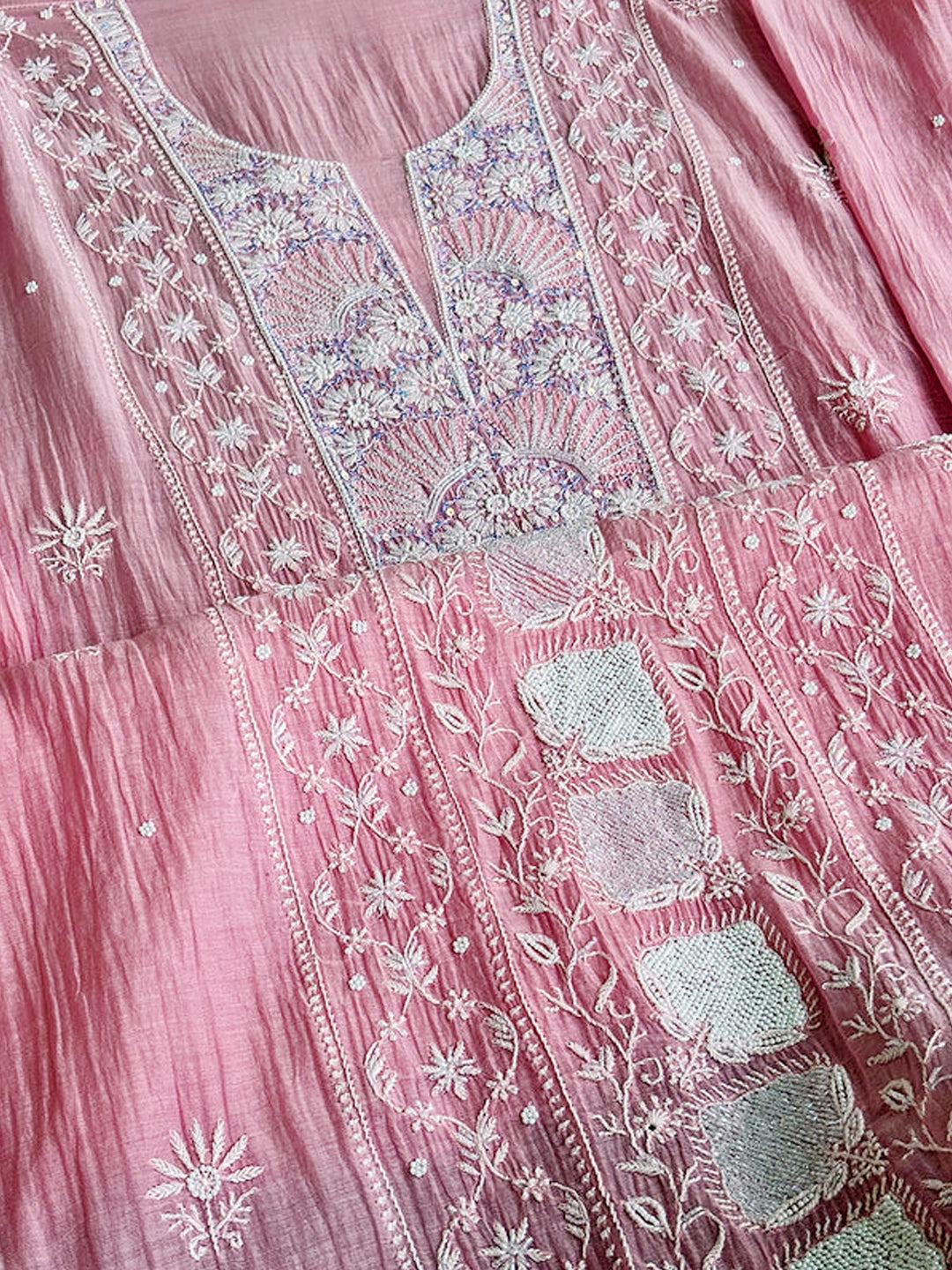 Baby Pink Mul Chanderi Chikankari Un-stitched Kurti Piece with Dupatta