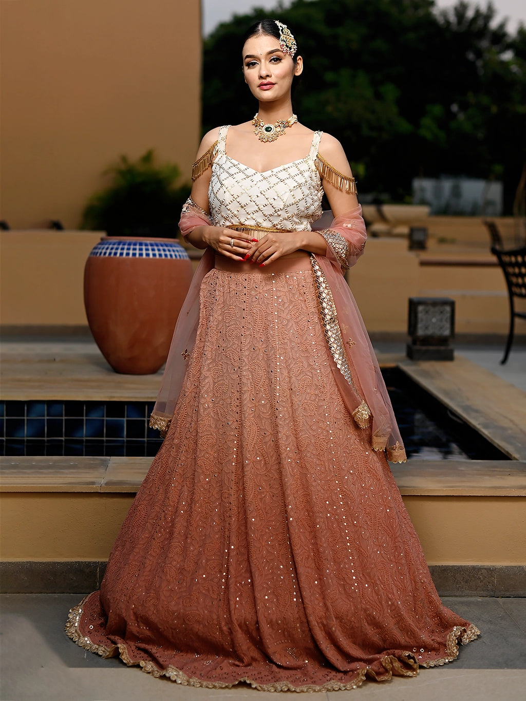 Beige Viscose Chikankari Embroidered Lehenga Set