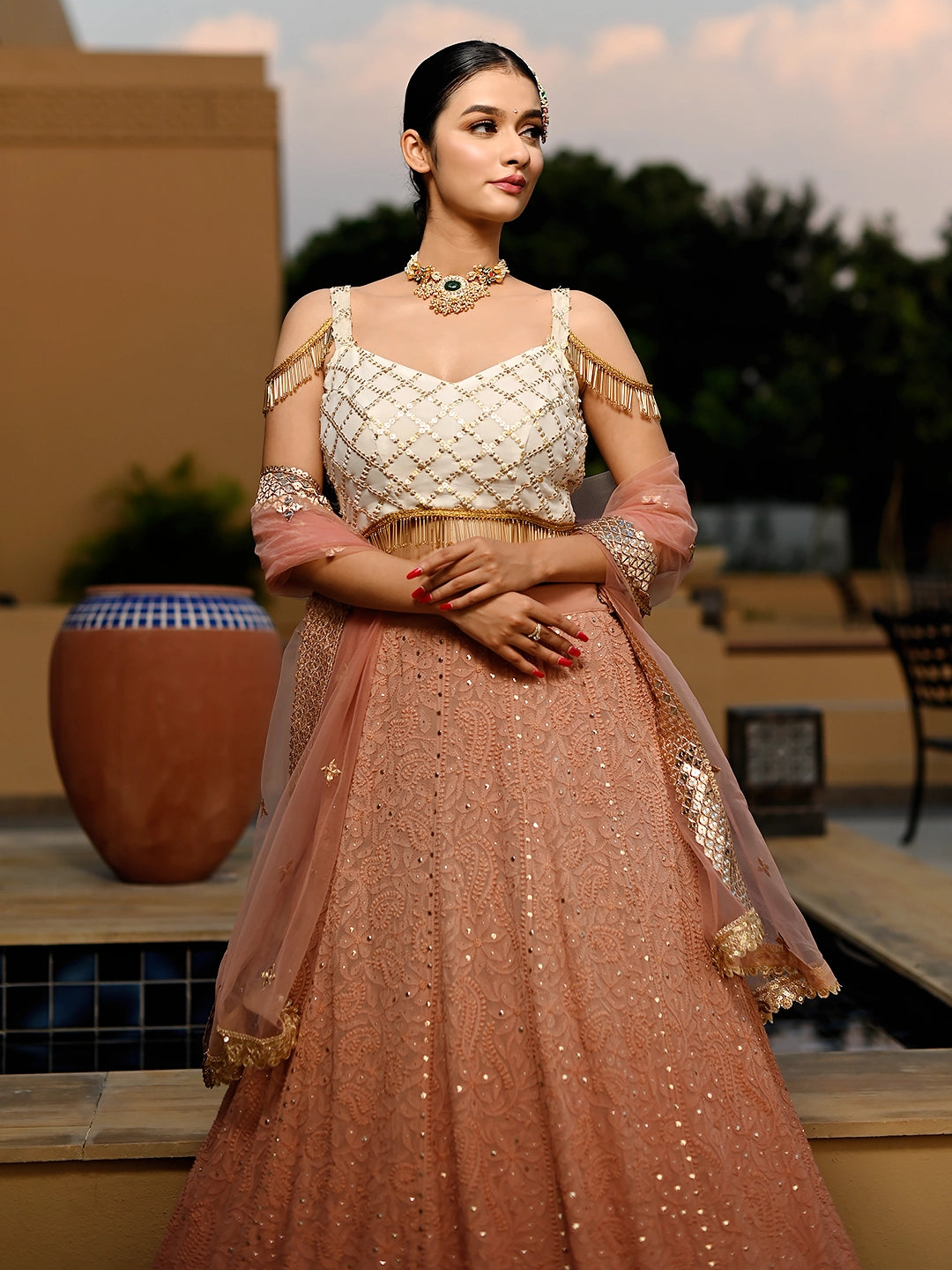 Beige Viscose Chikankari Embroidered Lehenga Set