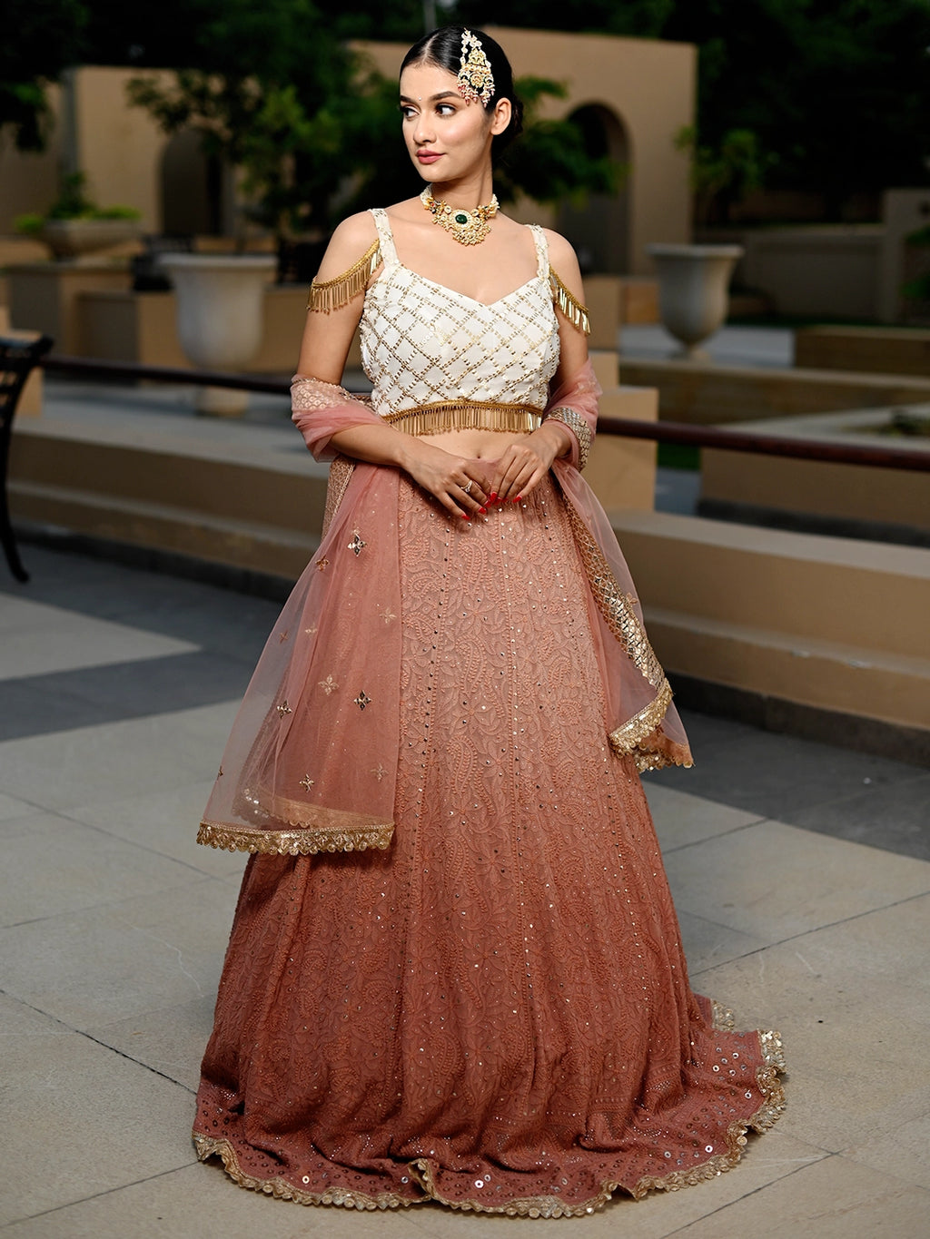 Beige Viscose Chikankari Embroidered Lehenga Set