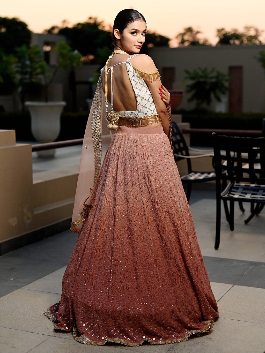 Beige Viscose Chikankari Embroidered Lehenga Set