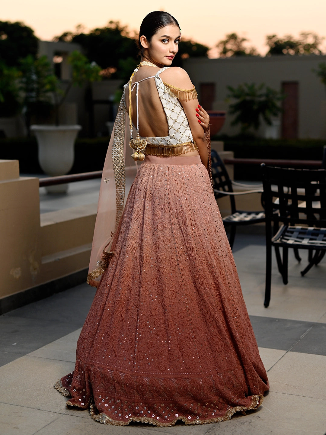 Beige Viscose Chikankari Embroidered Lehenga Set