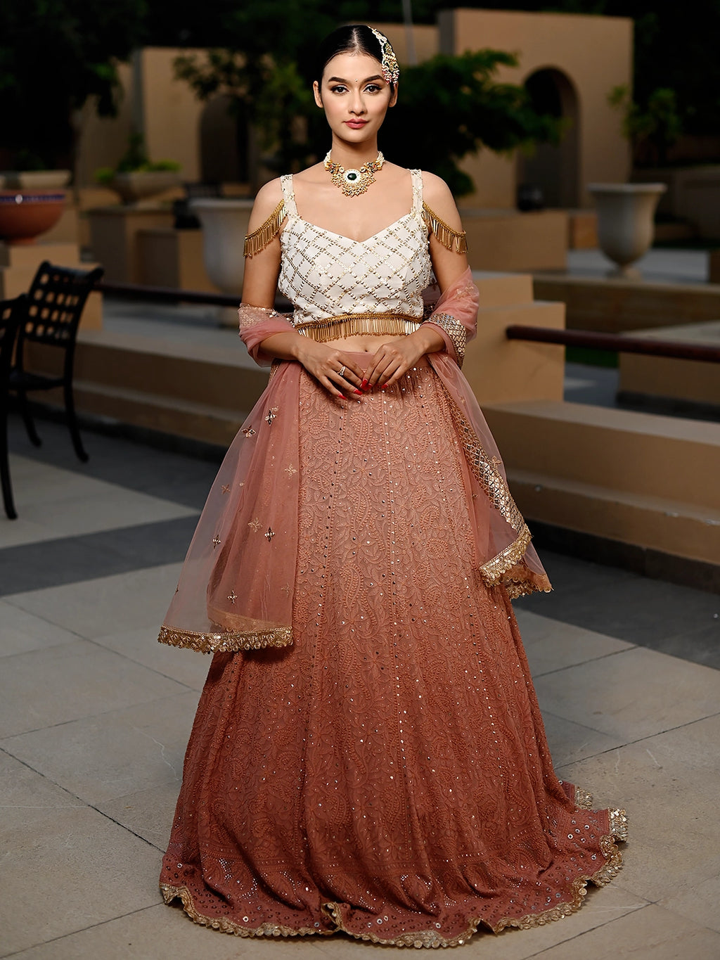 Beige Viscose Chikankari Embroidered Lehenga Set