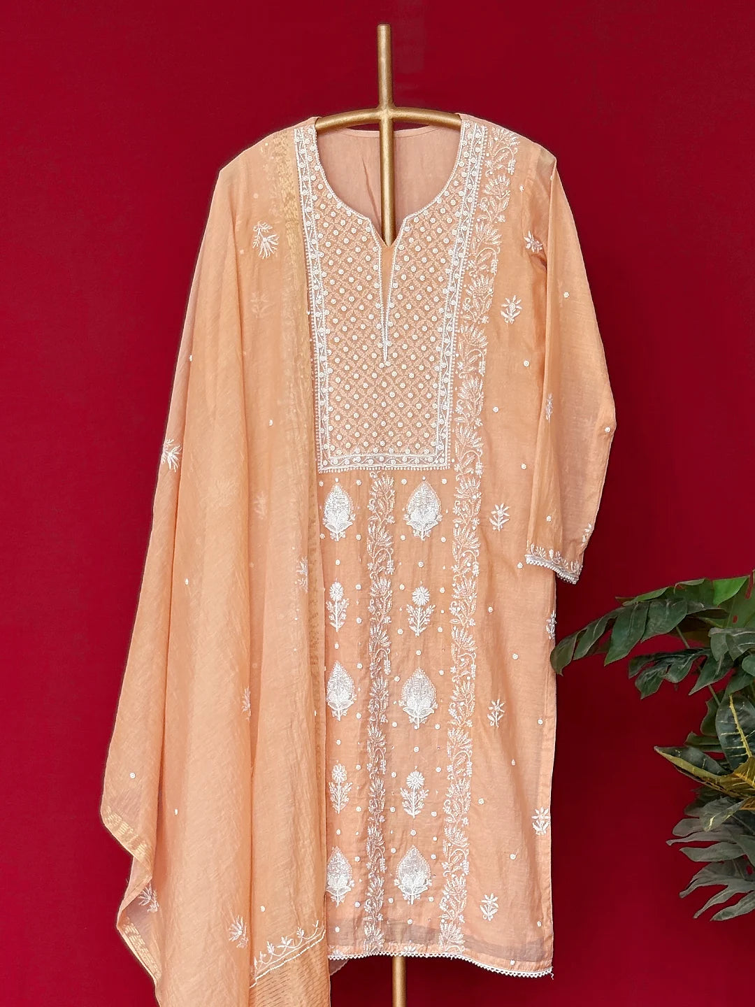 Beige Mul Chanderi Chikankari Straight Kurta With Dupatta