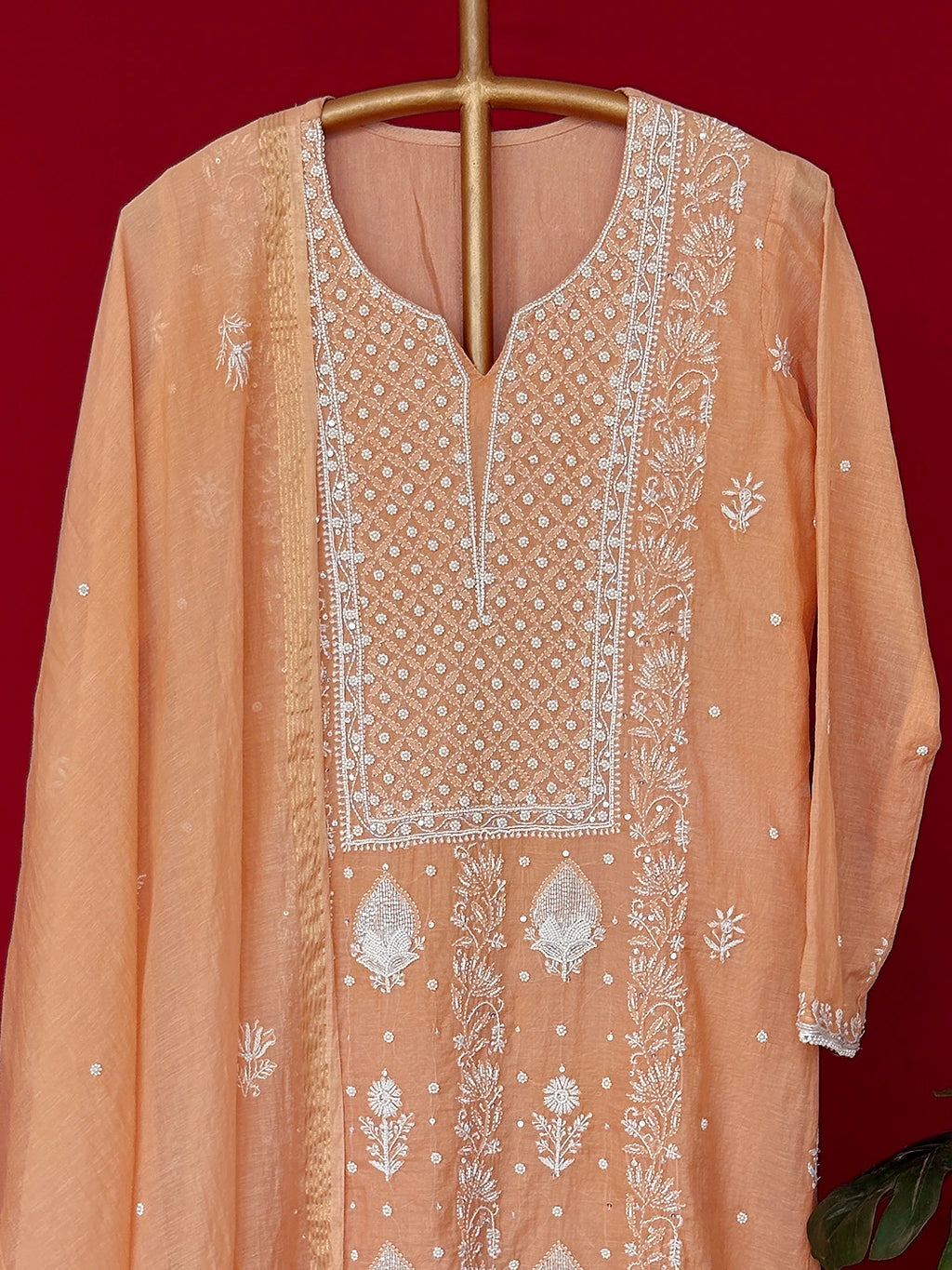 Beige Mul Chanderi Chikankari Straight Kurta With Dupatta