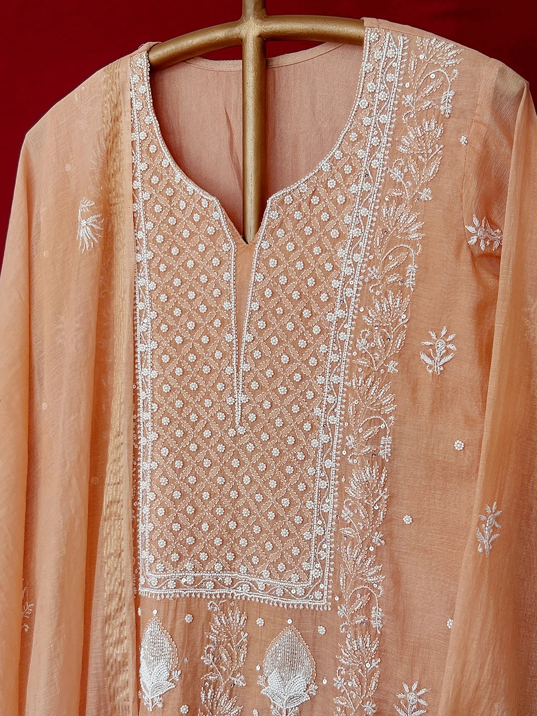 Beige Mul Chanderi Chikankari Straight Kurta With Dupatta
