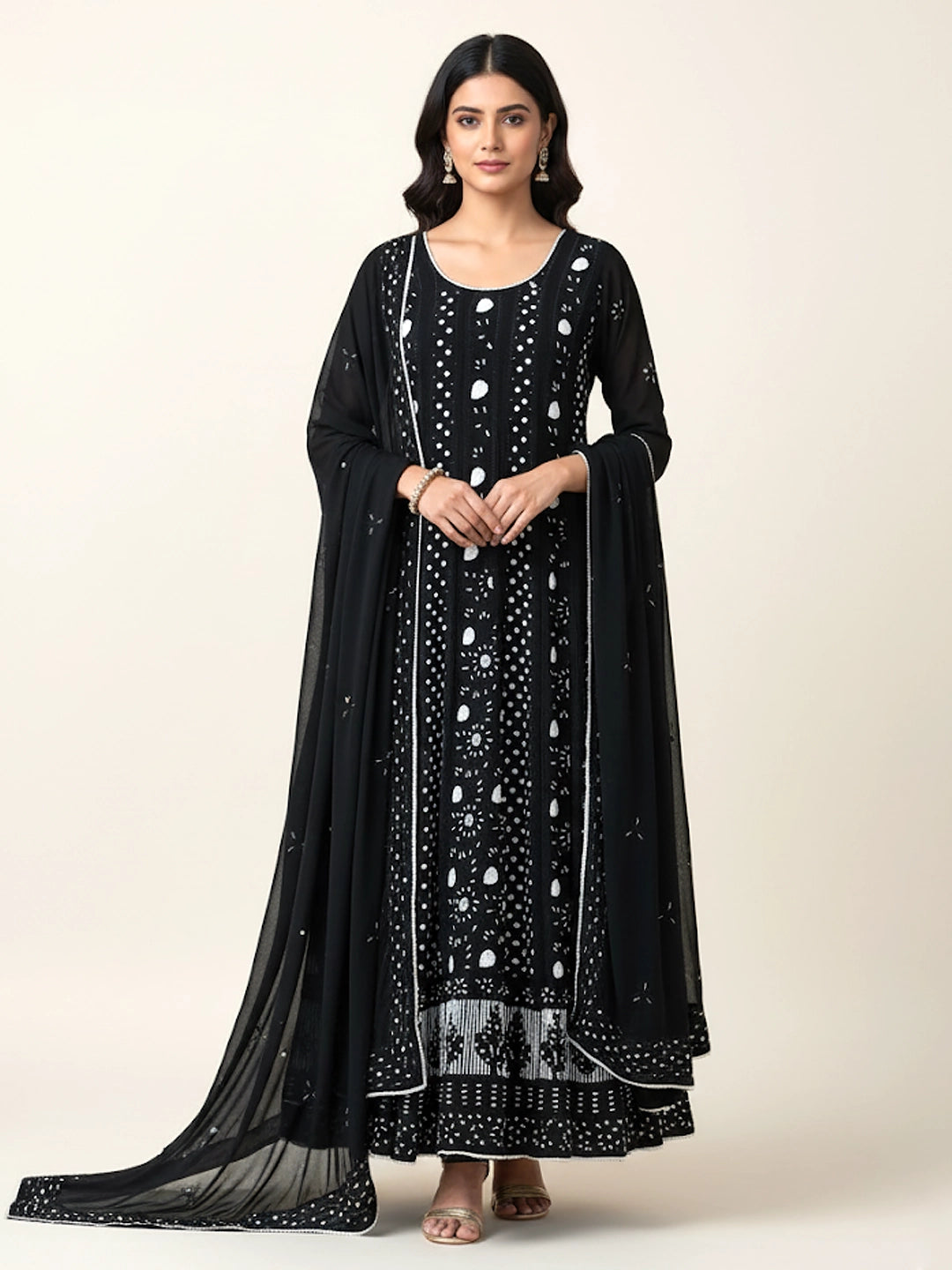 Black Ihina Pearl Work Viscose Chikankari Anarkali with Dupatta