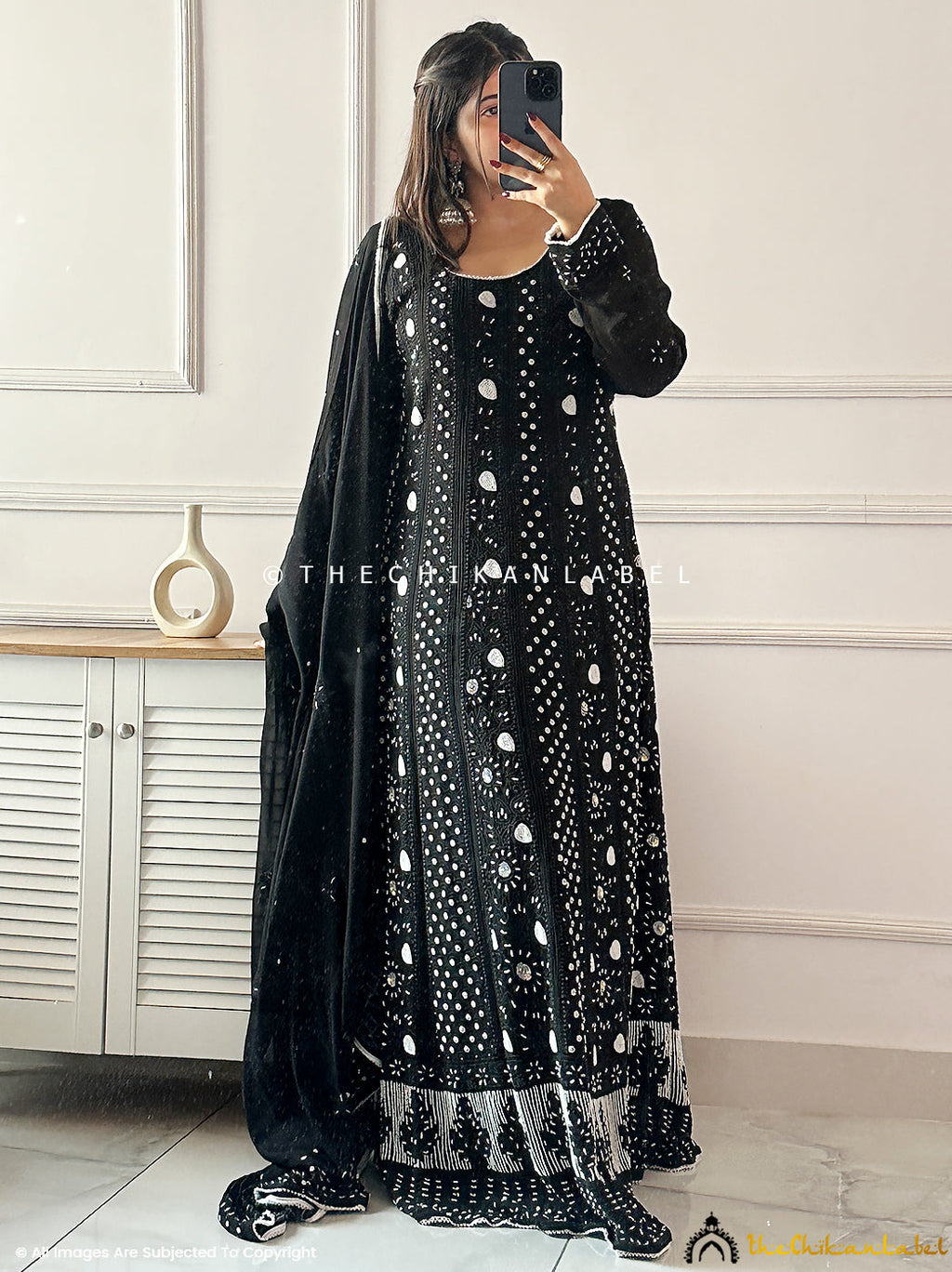 Black Ihina Pearl Work Viscose Chikankari Anarkali with Dupatta