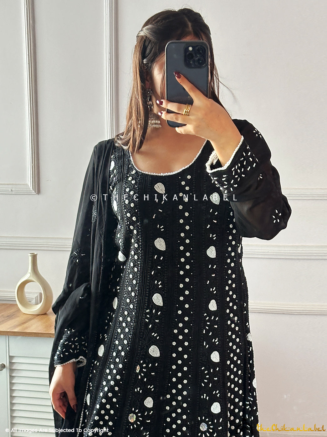 Black Ihina Pearl Work Viscose Chikankari Anarkali with Dupatta