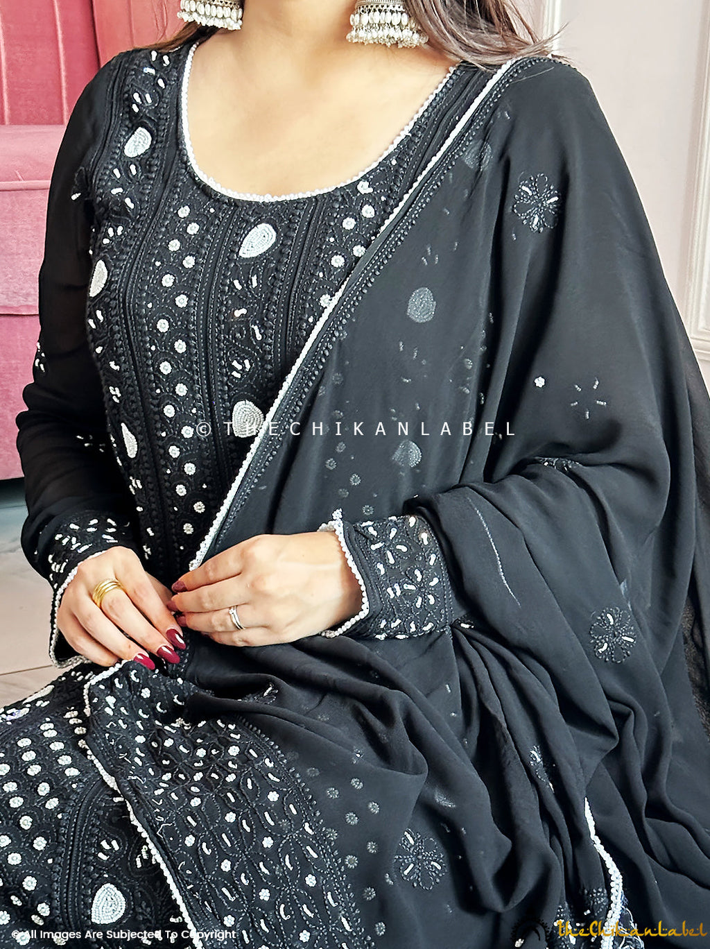 Black Ihina Pearl Work Viscose Chikankari Anarkali with Dupatta