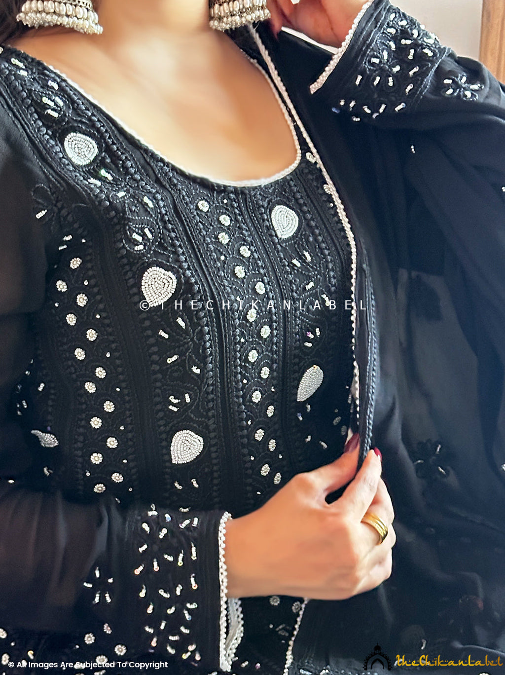 Black Ihina Pearl Work Viscose Chikankari Anarkali with Dupatta