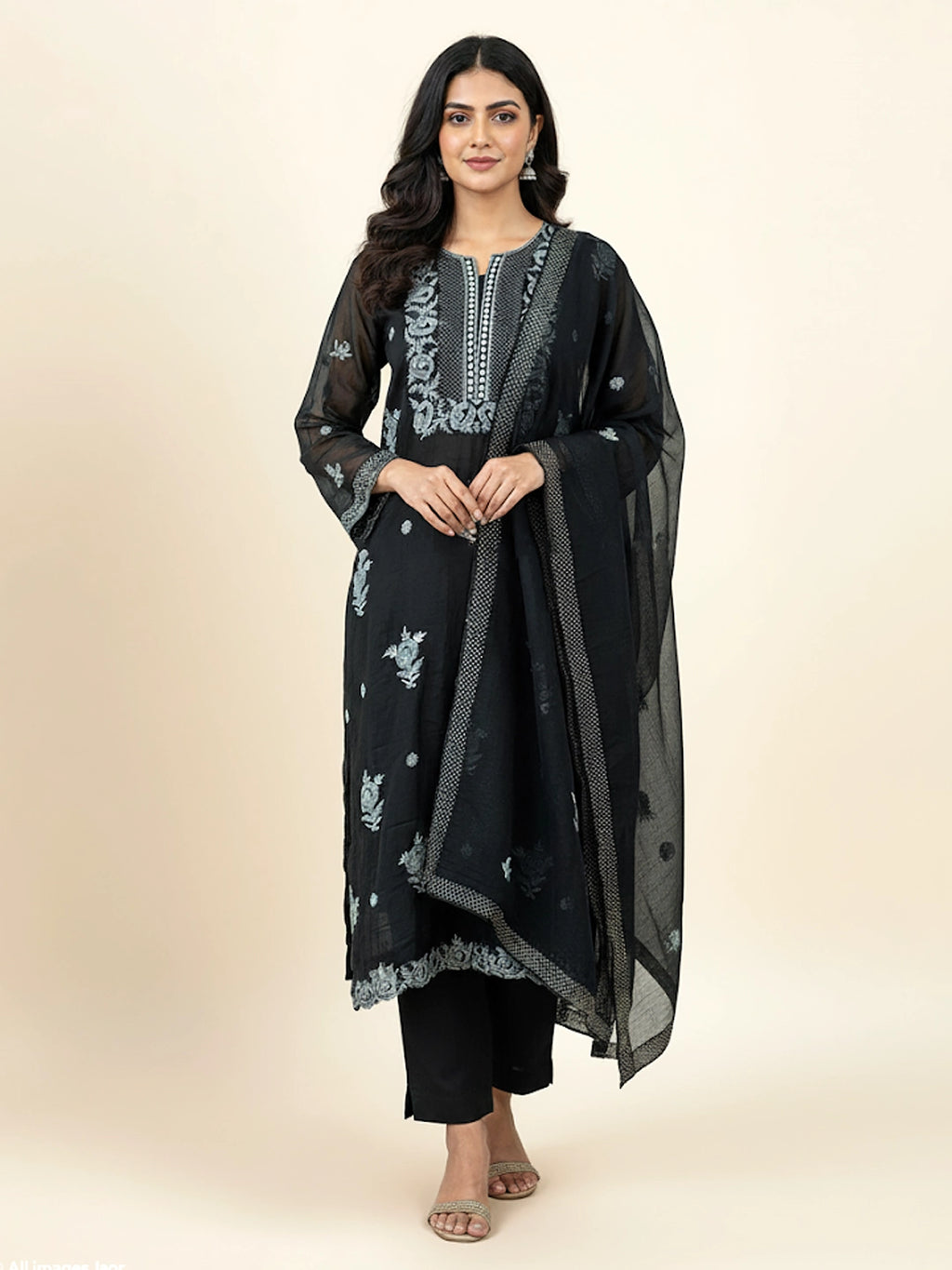 Black Mahnoor Organza Chikankari Kurti Piece with Dupatta