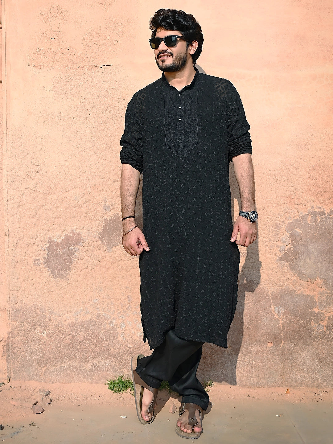 Black Shaan Viscose Chikankari Mens Kurta