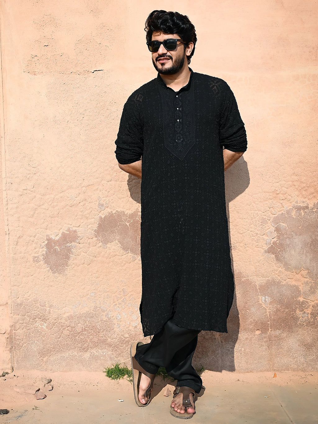 Black Shaan Viscose Chikankari Mens Kurta