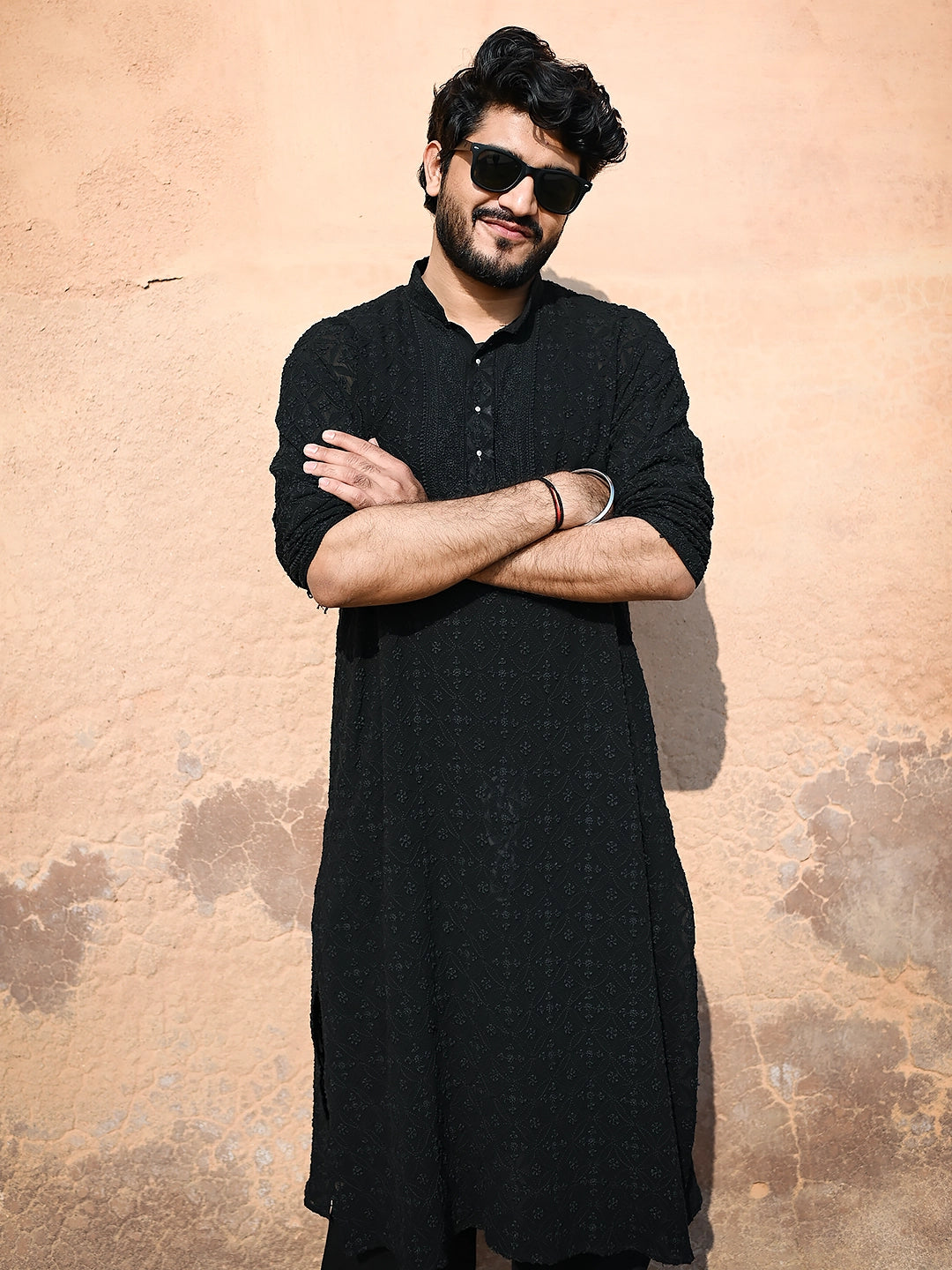 Black Shaan Viscose Chikankari Mens Kurta