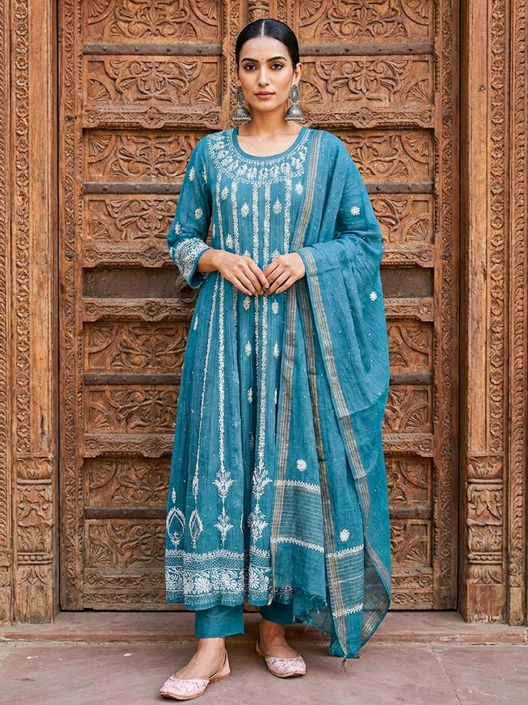 Blue Bhoomi Tissue Silk Chikankari Kurta with Dupatta