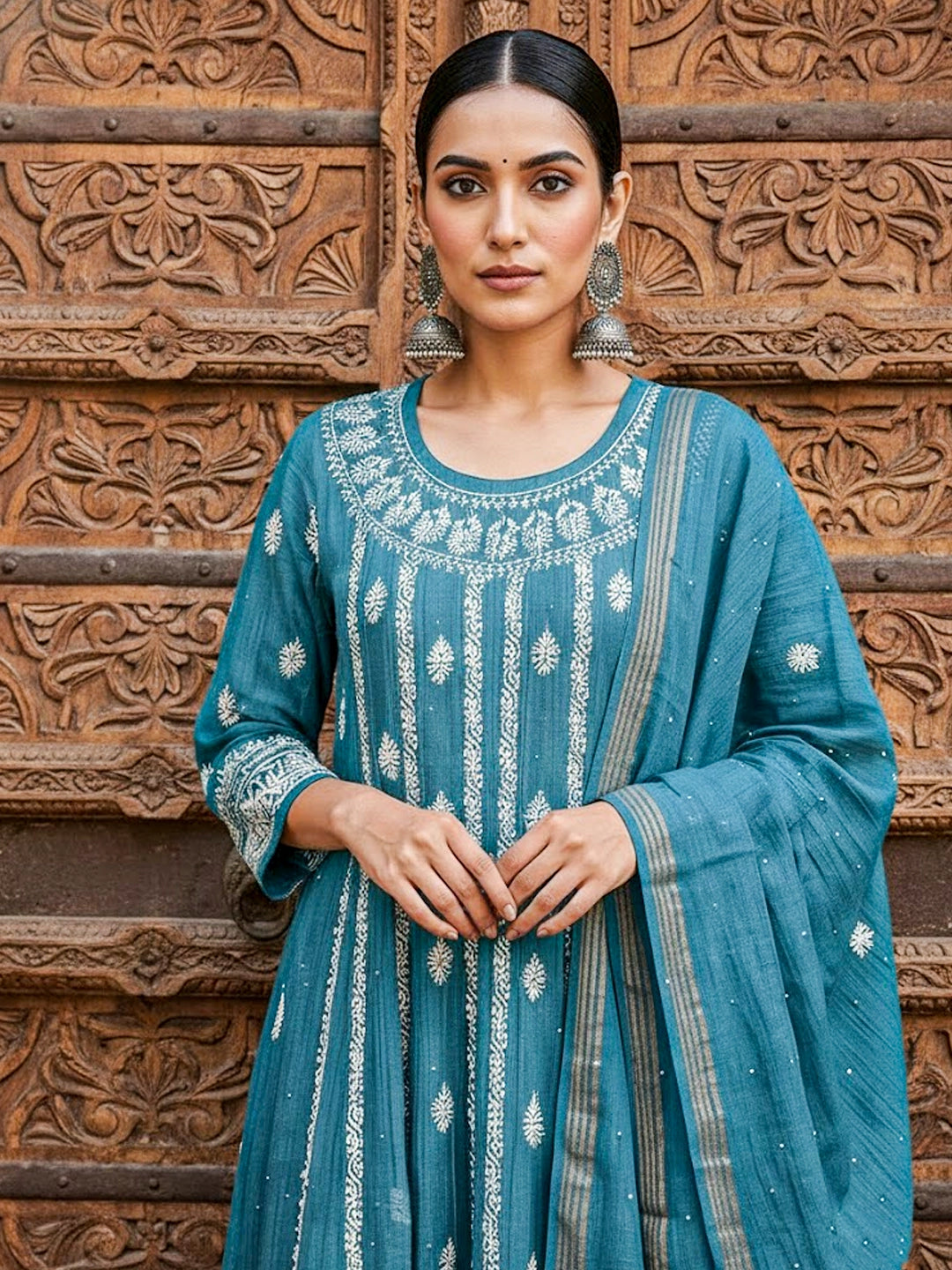 Blue Bhoomi Tissue Silk Chikankari Kurta with Dupatta