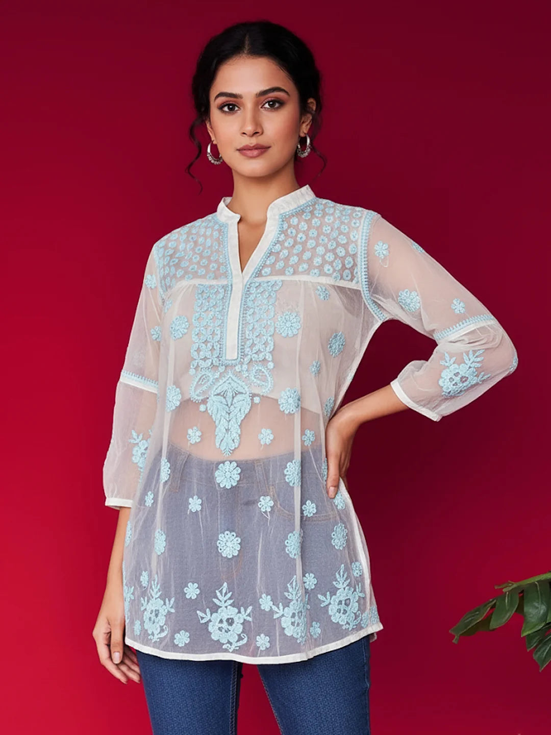 Blue Aashna Organza Chikankari Short Kurta